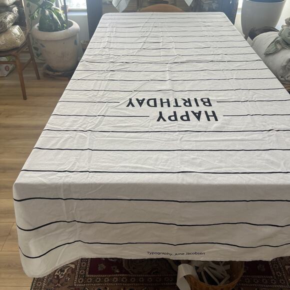 Design Letters Tablecloth "Happy Birthday" Print Black Stripes 111" x 54" - Picture 1 of 8